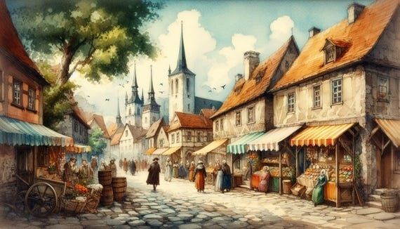 Mittelalterliche Stadtstraße mit Marktständen, Handwerkern und Kirchtürmen