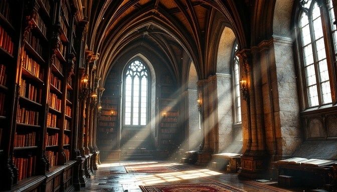 Gotische Klosterbibliothek mit Bücherregalen und einfallendem Sonnenlicht